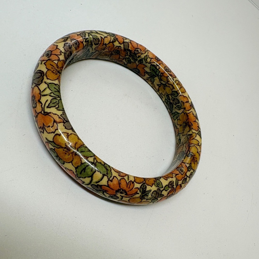 Vintage Floral Bangle Bracelet Orange Yellow Green Resin Retro Boho